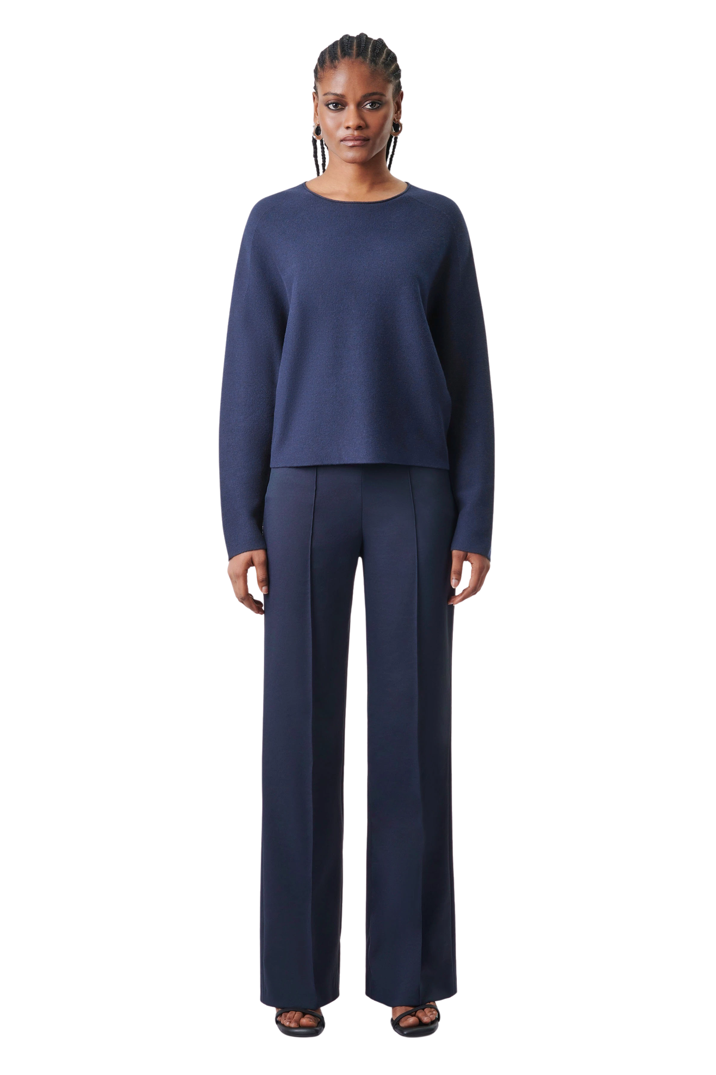 MEAMI - Vekürzter Egg-Shape Pullover in Baumwoll-Kaschmir - Damen - blau - Ganzkörper-Frontansicht