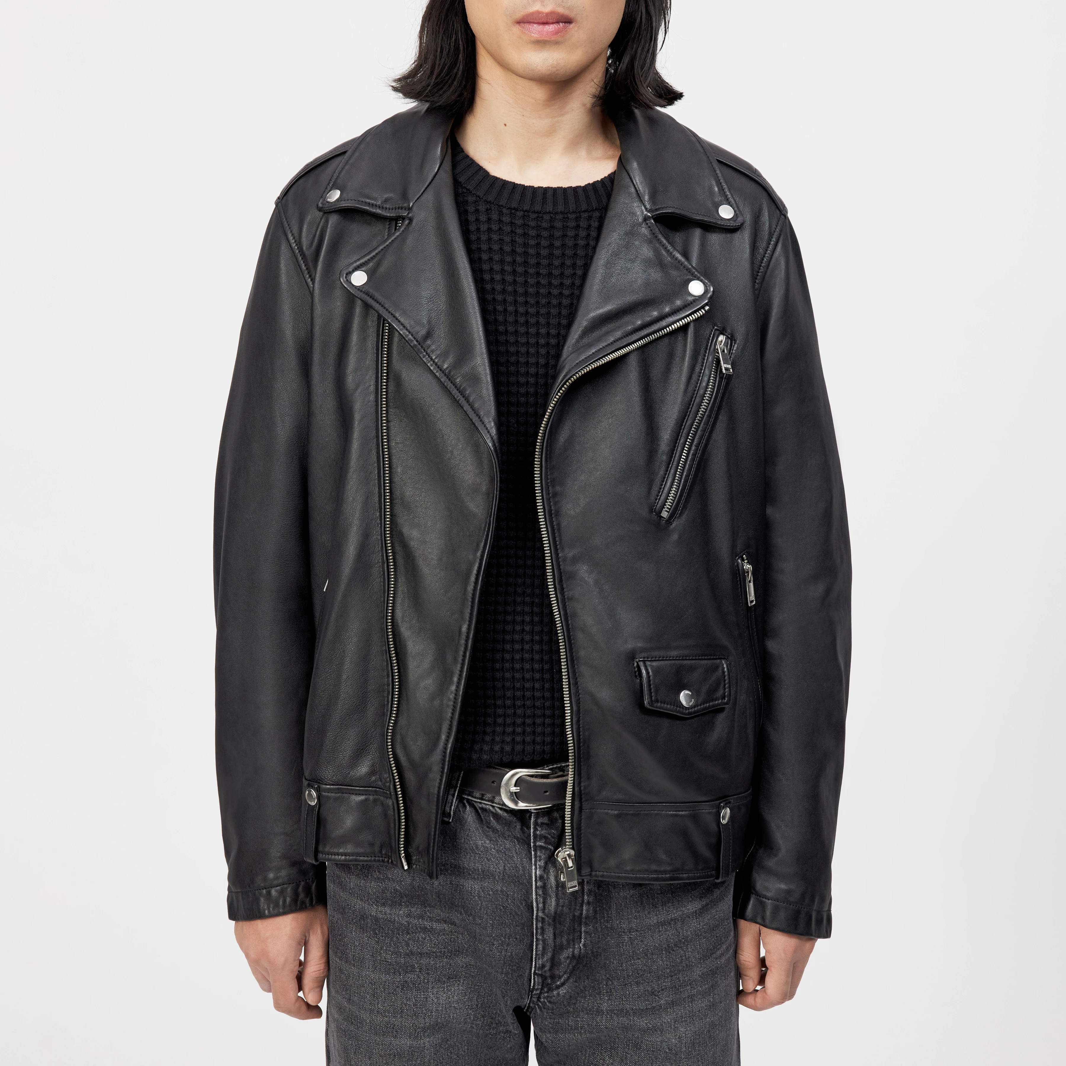 MIK - Classic biker jacket in leather - men - black - Frontansicht
