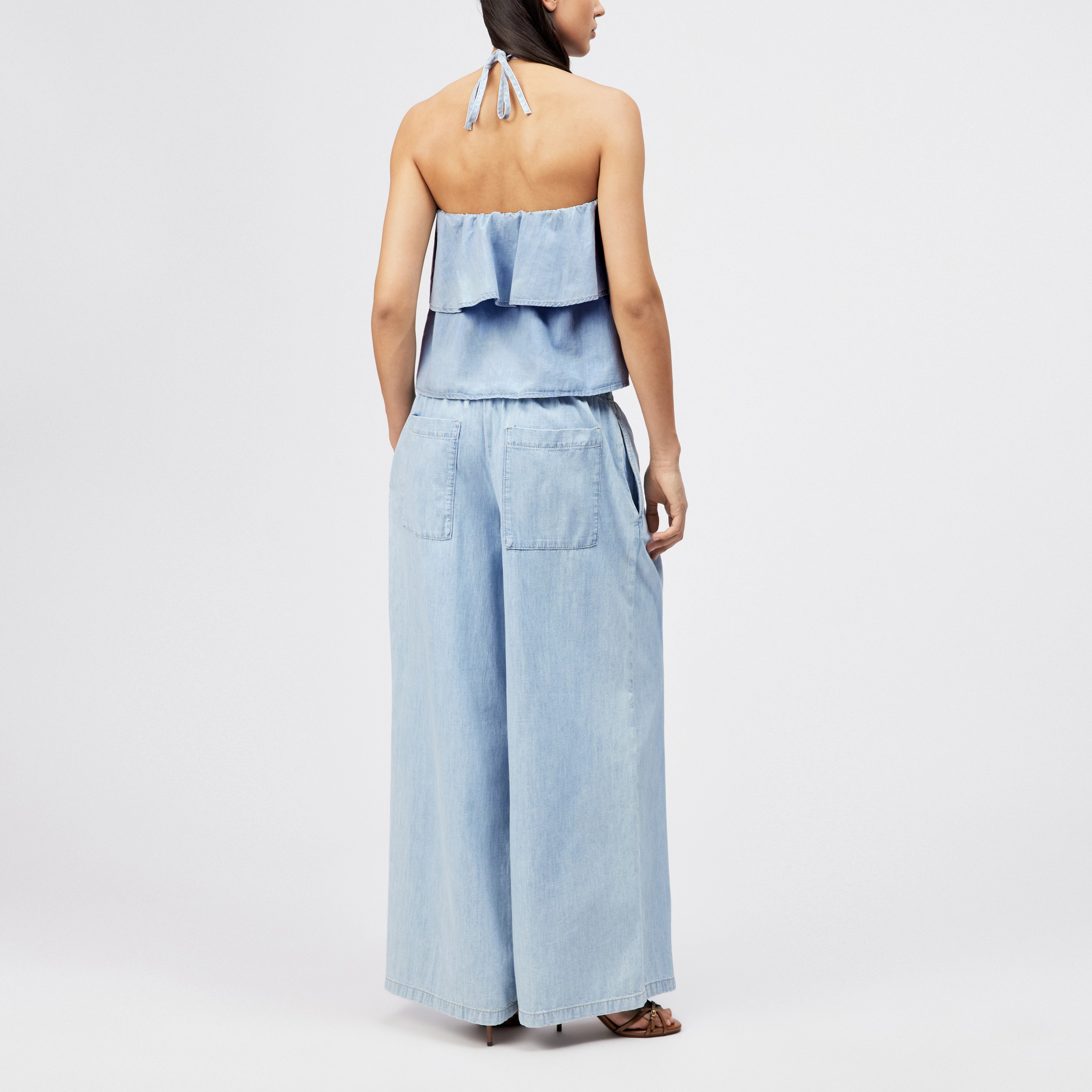RIVANA - Cropped Bandeau-Bluse in Denim-Optik und Neckholder - Damen - blau - Rückansicht