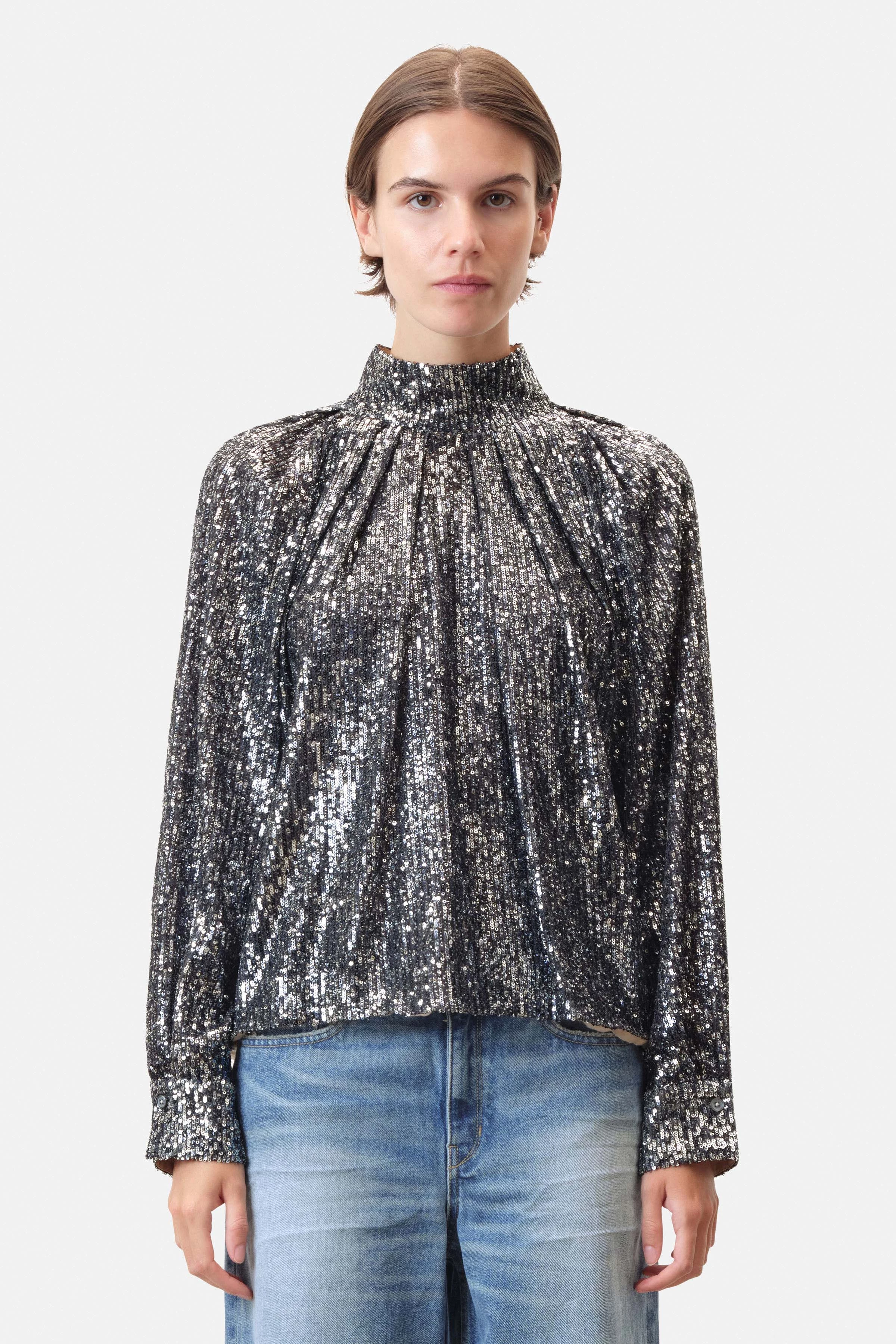 DRUNA - blouse with stand-up collar in printed sequin - women - blue - Frontansicht