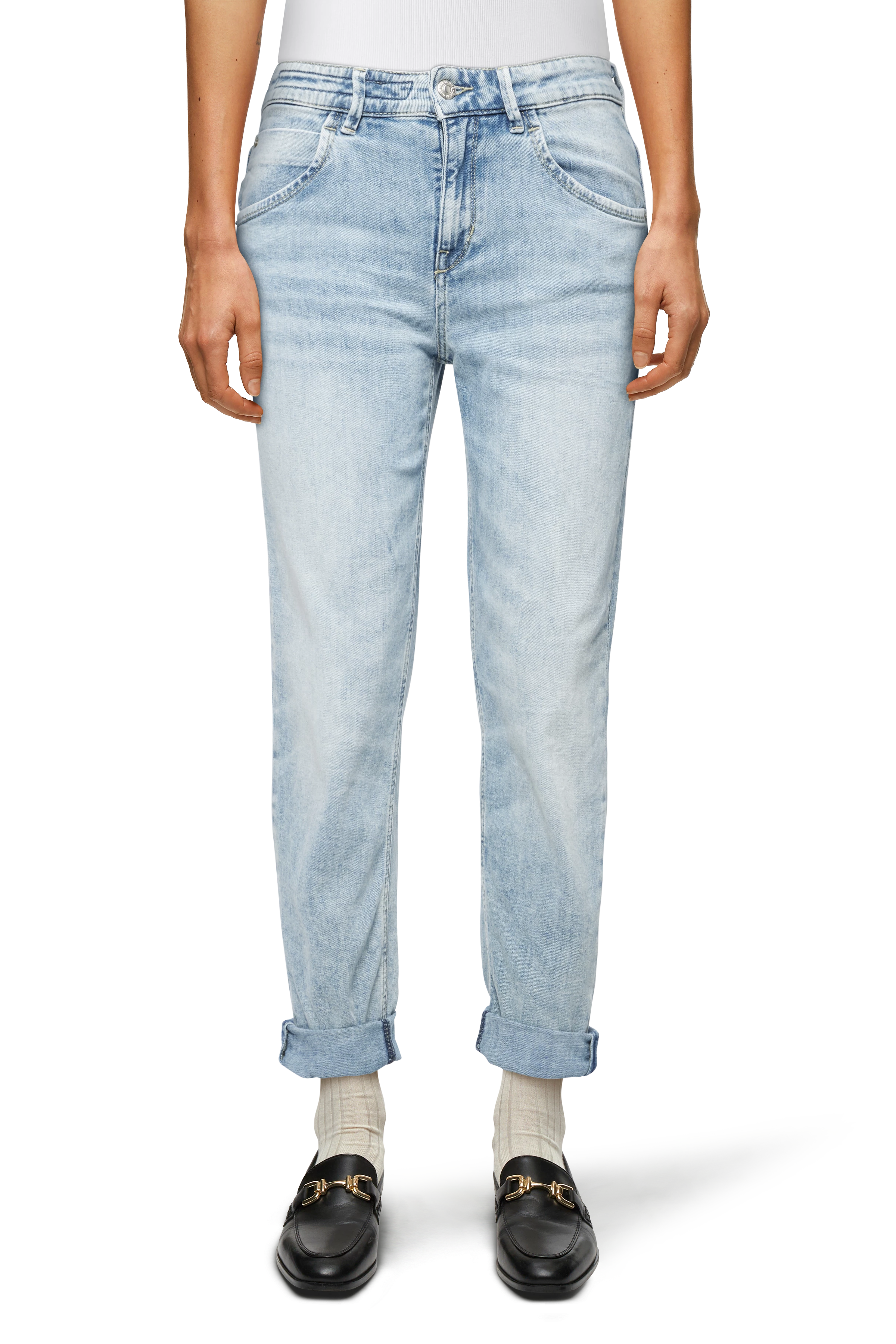LIKE - Girlfriend jeans with rolled cuffs in soft-touch denim with a used effect - women - blue - Frontansicht