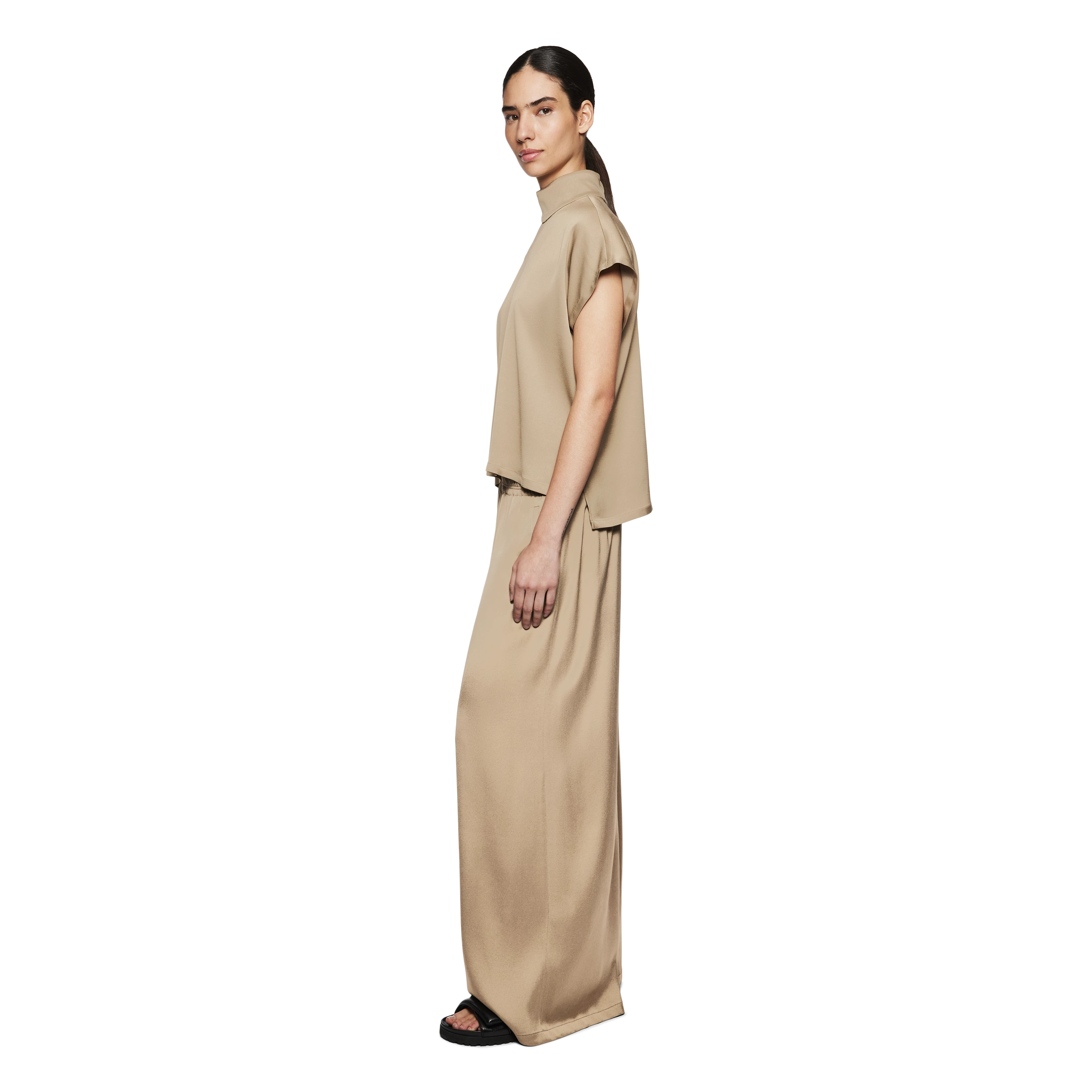 ALARIA_1 - Shirt blouse with stand-up collar in satin - women - brown - Seitenansicht