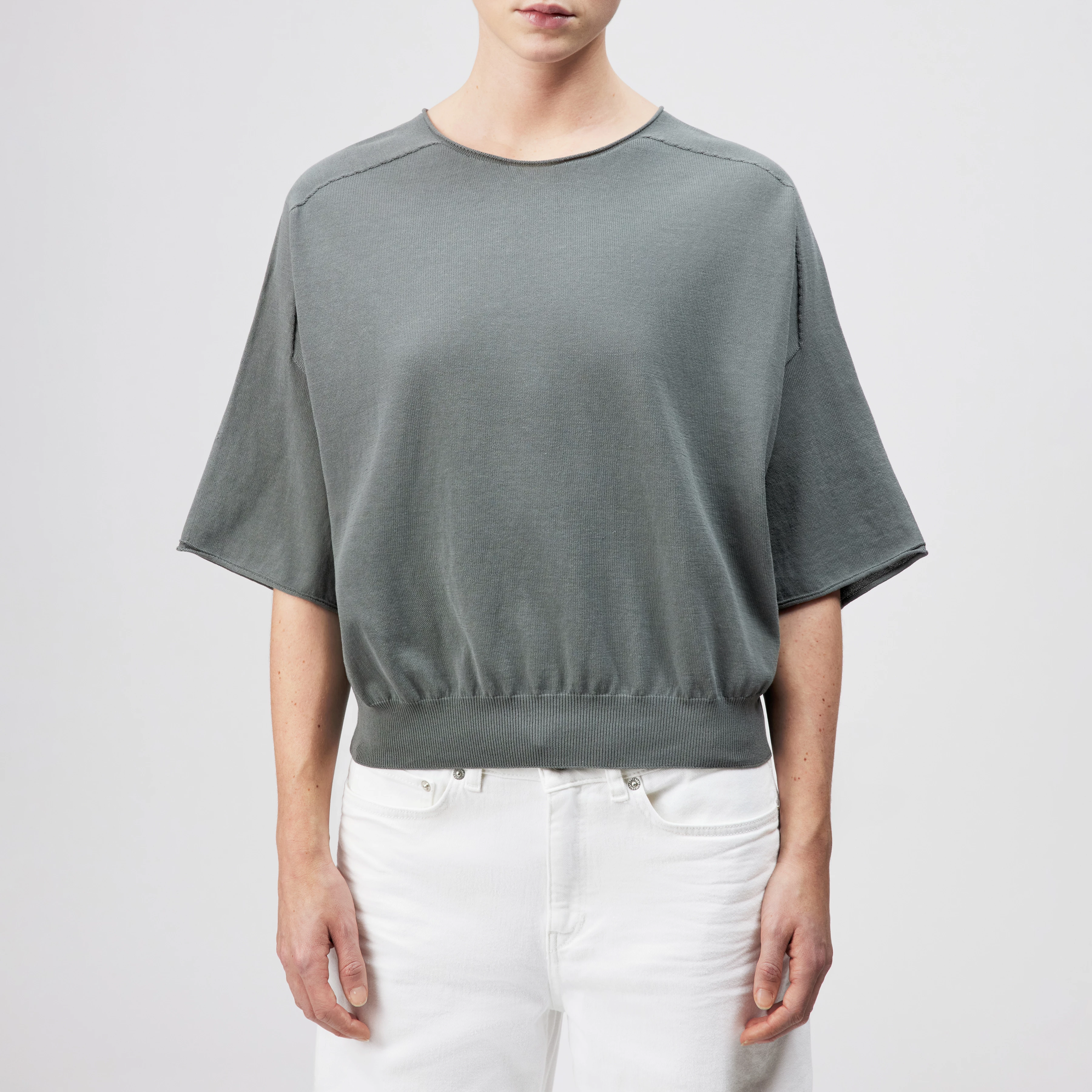 DILARY - Casual gebreid T-shirt in crêpe katoen - dames - groen - Frontansicht