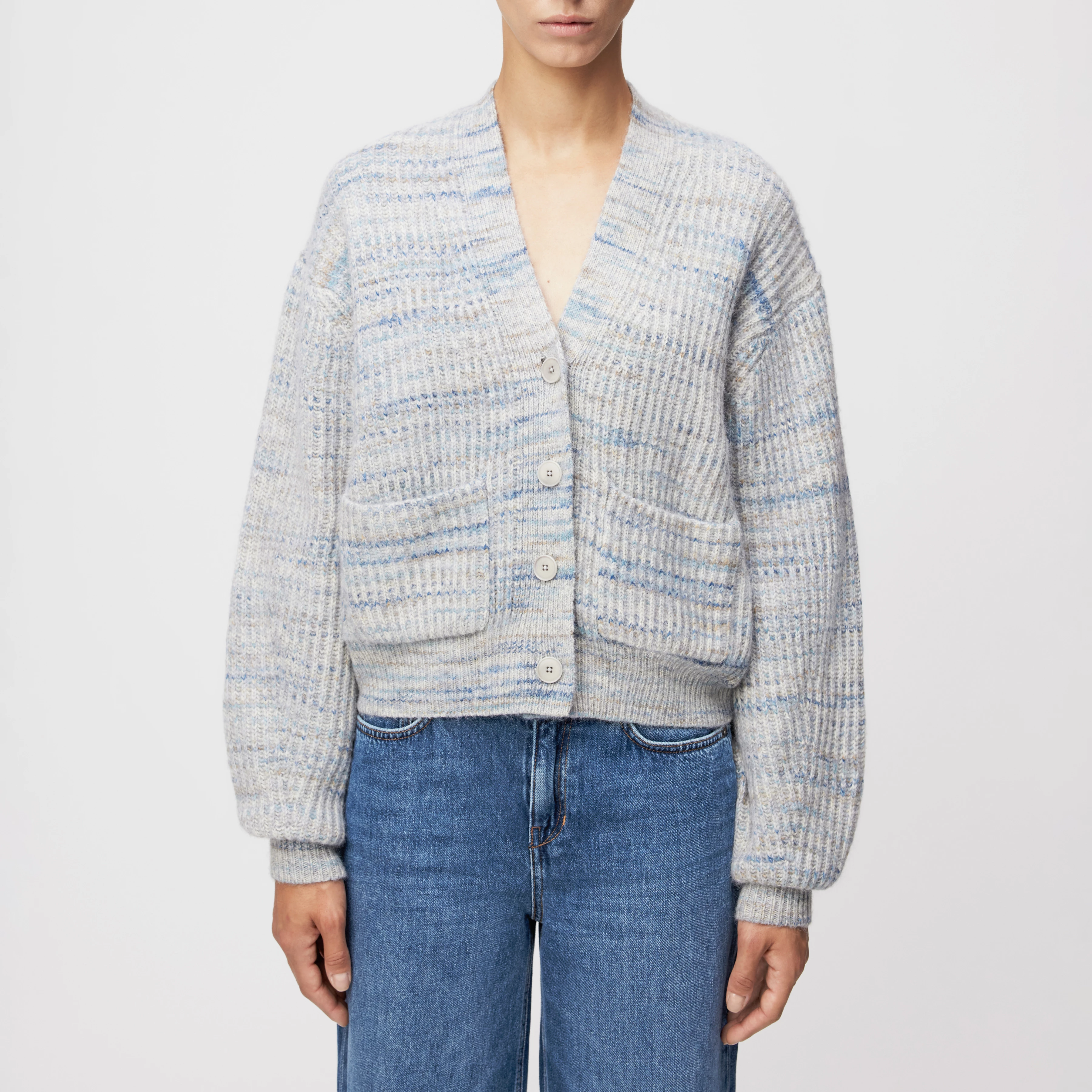 COOPIE_2 - Lässige Strickjacke in bedrucktem Wollmix-Garn - Damen - blau - Frontansicht