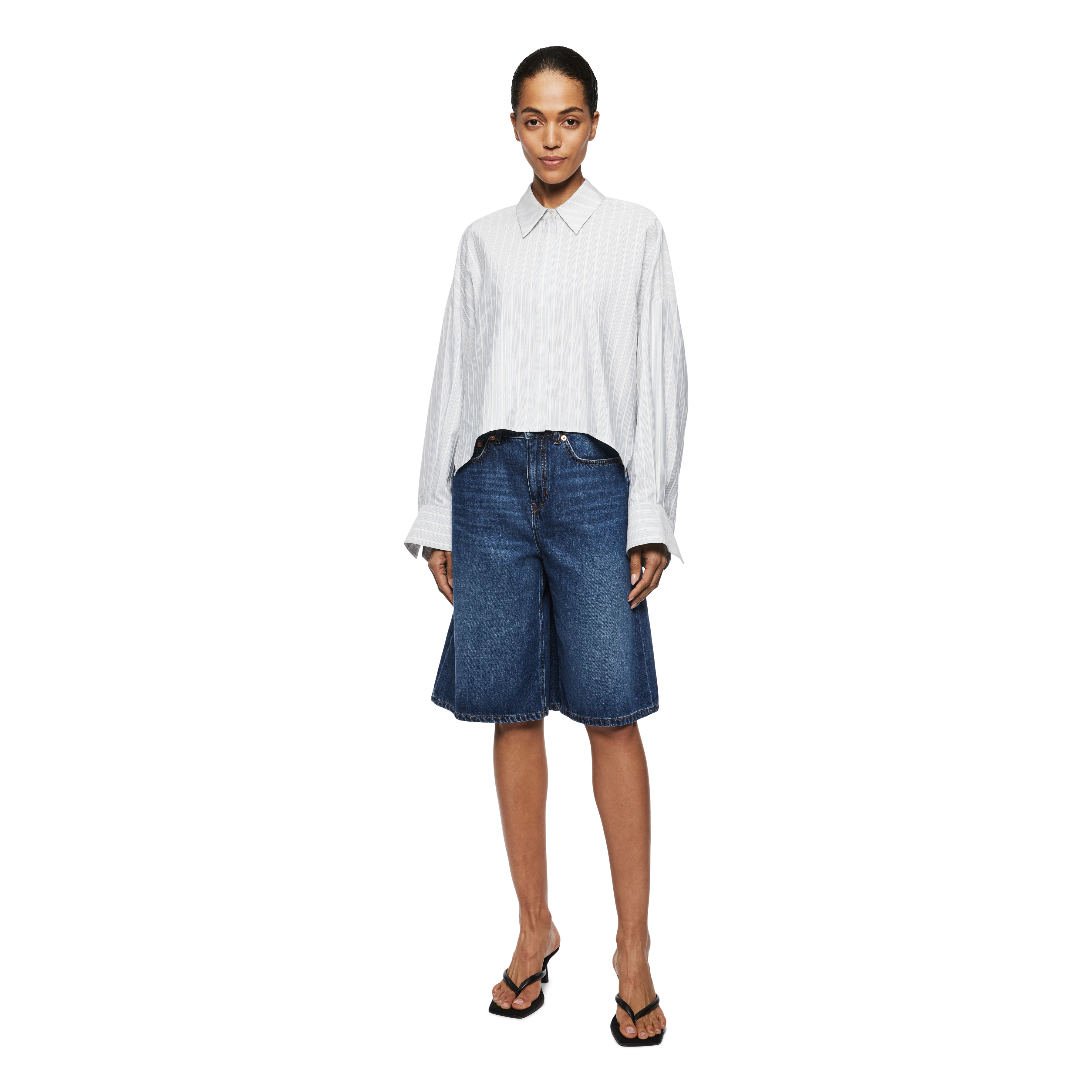 OSHIA - Oversized Hemdbluse in Seide-Baumwolle Mix - Damen - blau - Ganzkörper-Frontansicht