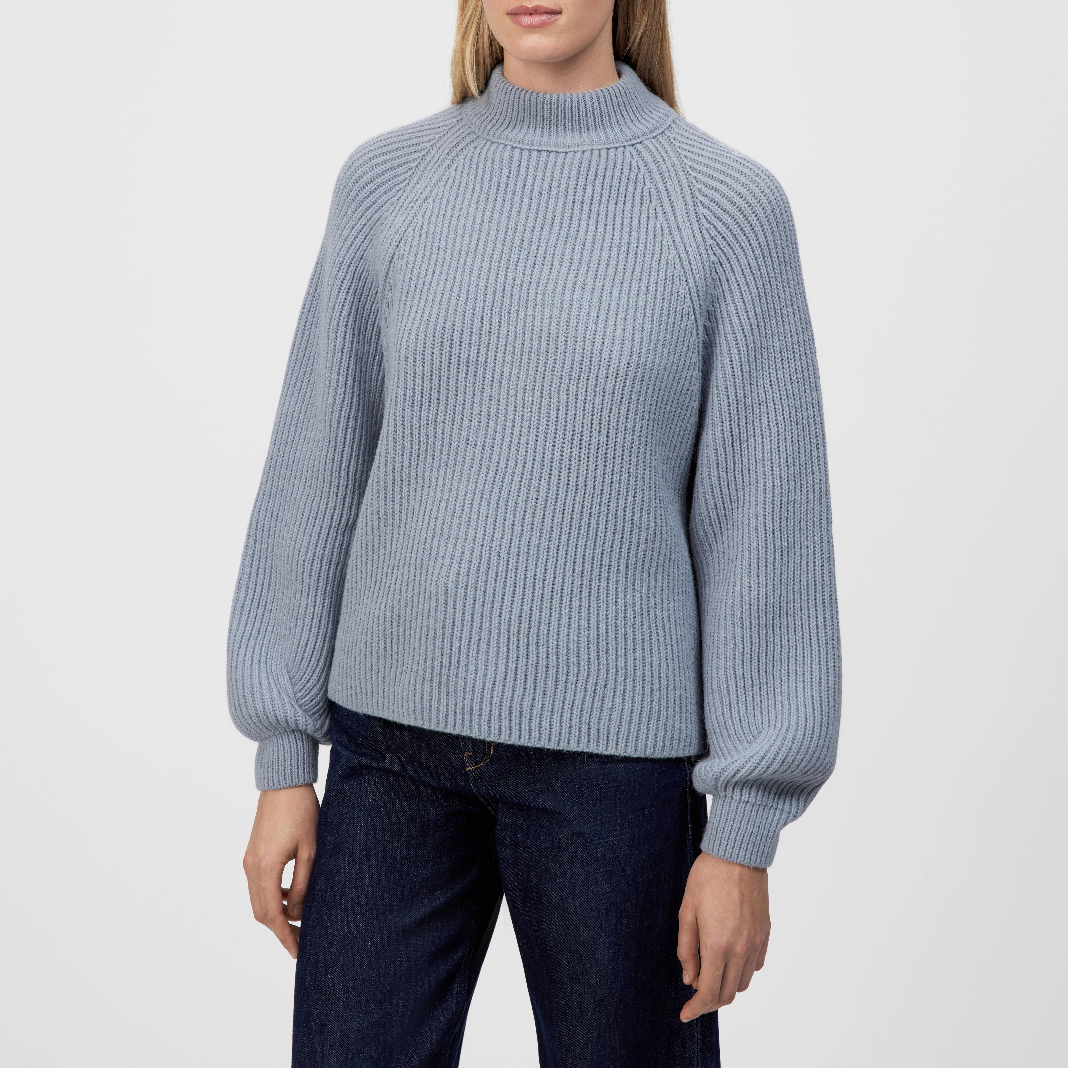 KIMONI - Sweater with balloon sleeves in wool and alpaca blend - women - blue - Frontansicht