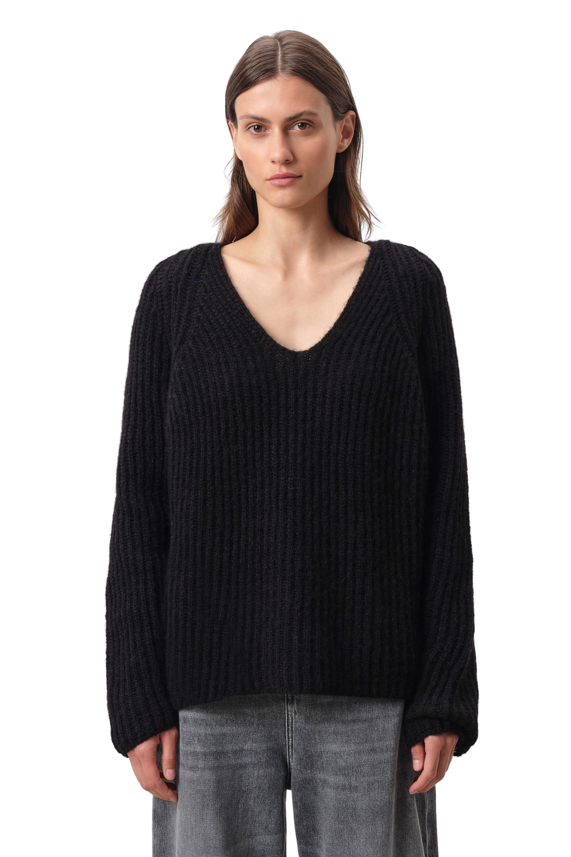 LYNETTE - V-neck knitted jumper in alpaca mix - women - Natural Aluminium - Frontansicht