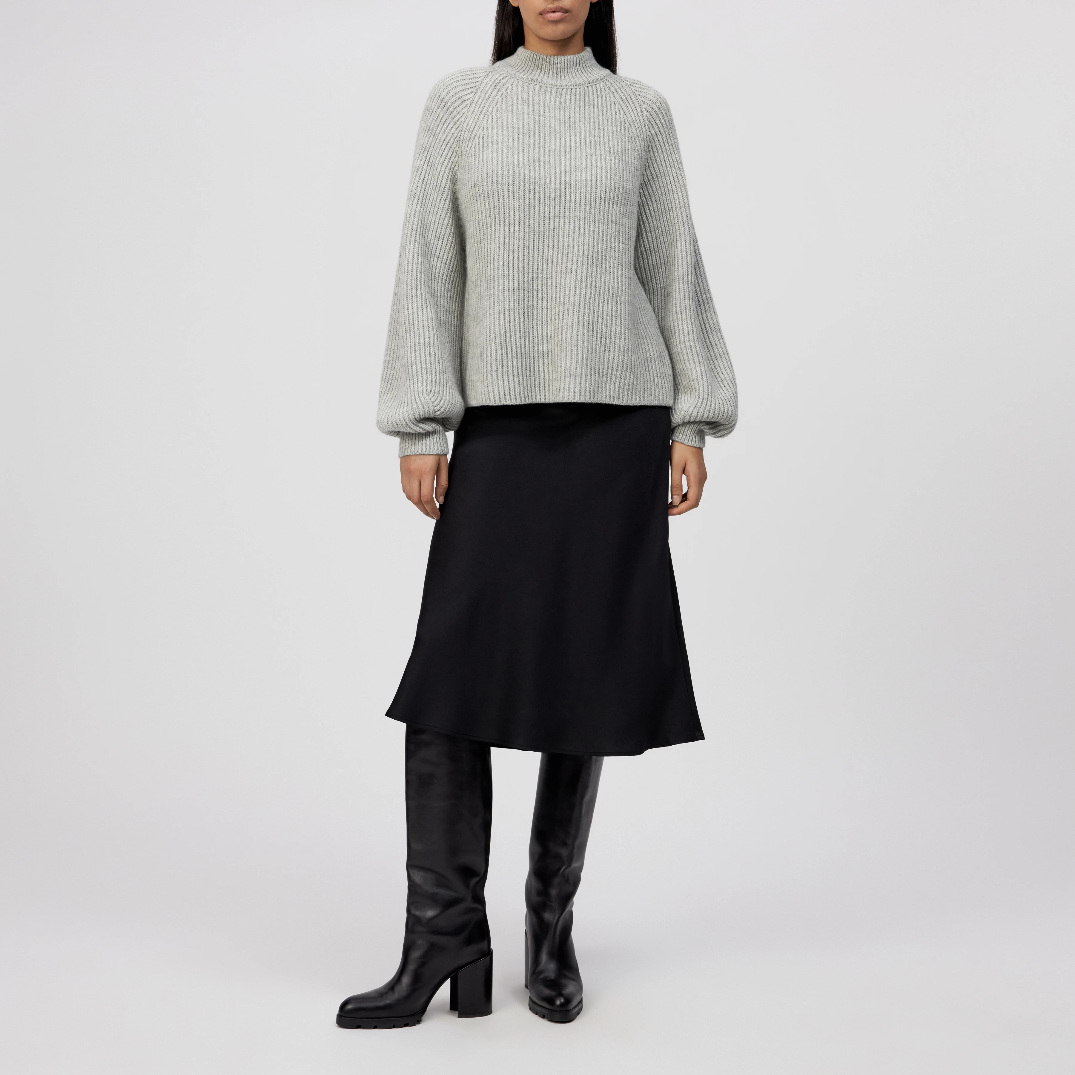 KIMONI - Sweater with balloon sleeves in wool and alpaca blend - women - grey - Ganzkörper-Frontansicht
