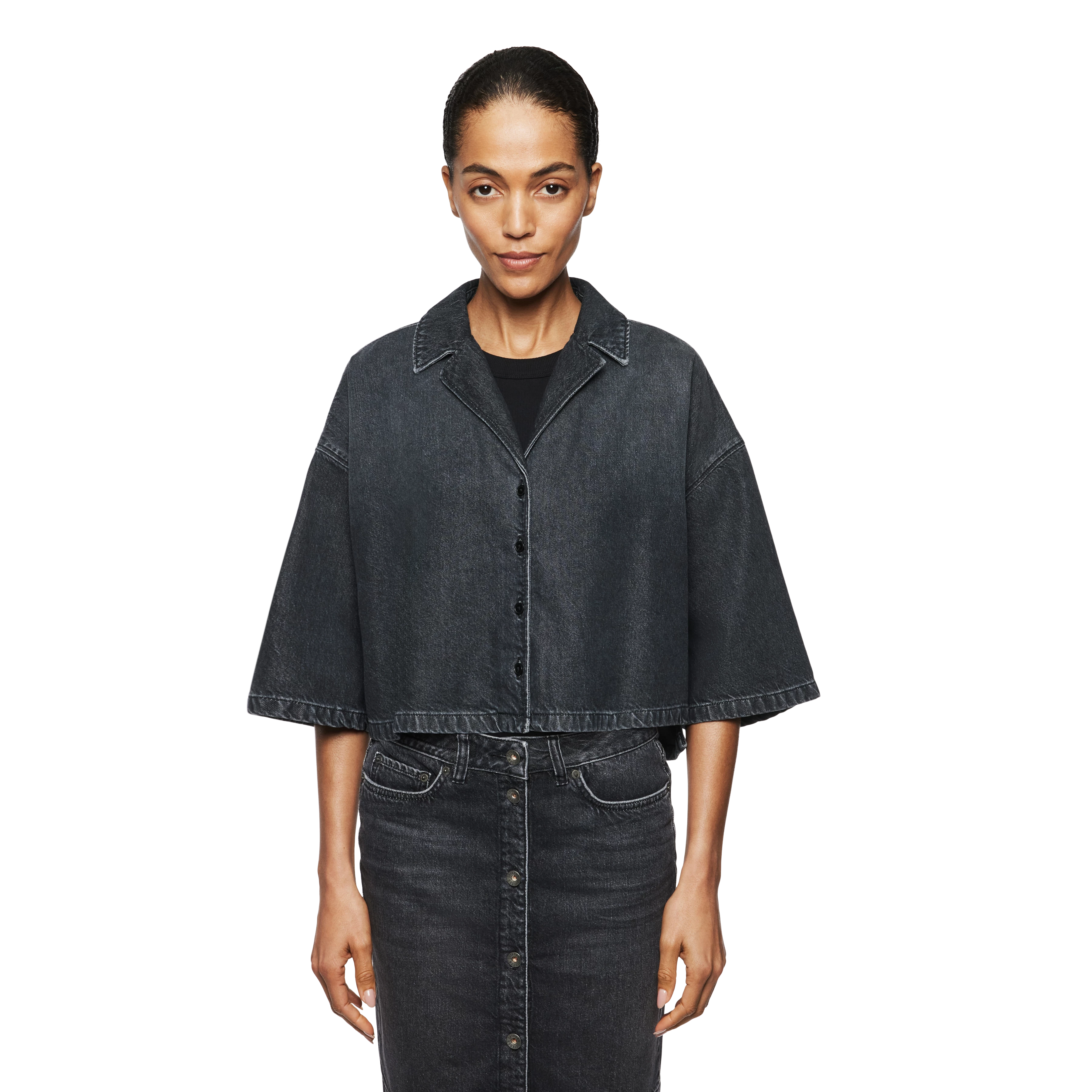 EMBUNA - Verkürzte Hemdbluse in Grey Denim - Damen - schwarz - Frontansicht