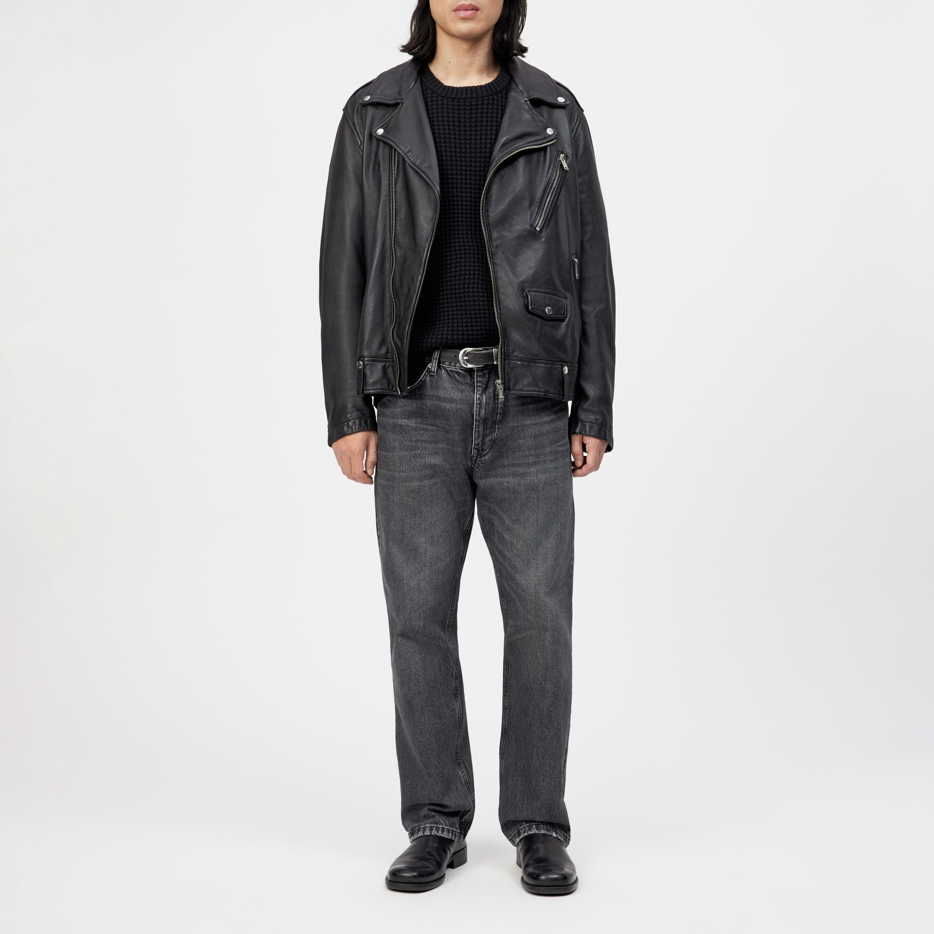 MIK - Classic biker jacket in leather - men - black - Ganzkörper-Frontansicht