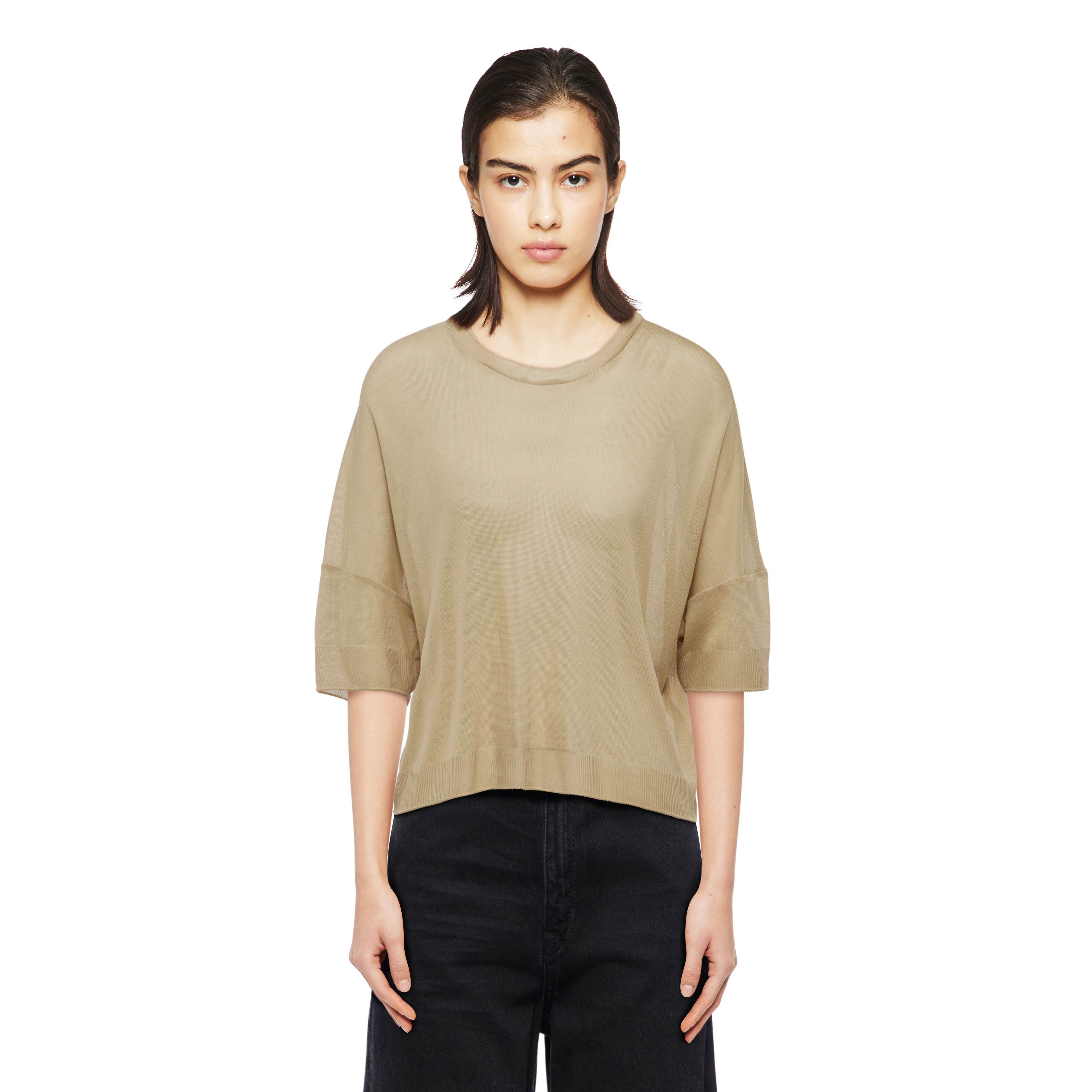 KUSIA - Verkürztes T-Shirt in transparentem Lyocell - Damen - braun - Frontansicht