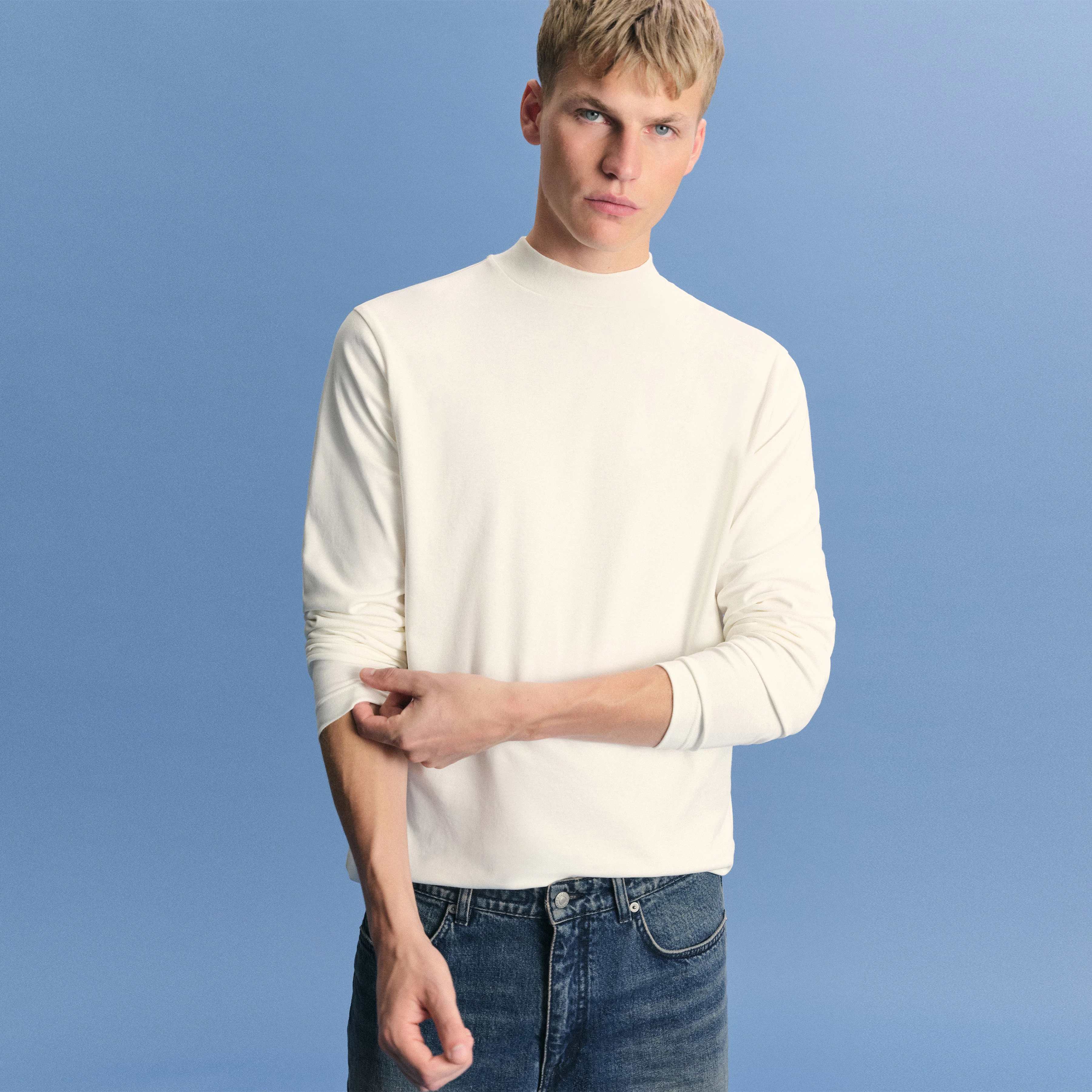MORITZO - Longsleeve mit Stehkragen in elastischer Baumwolle - Herren - off white