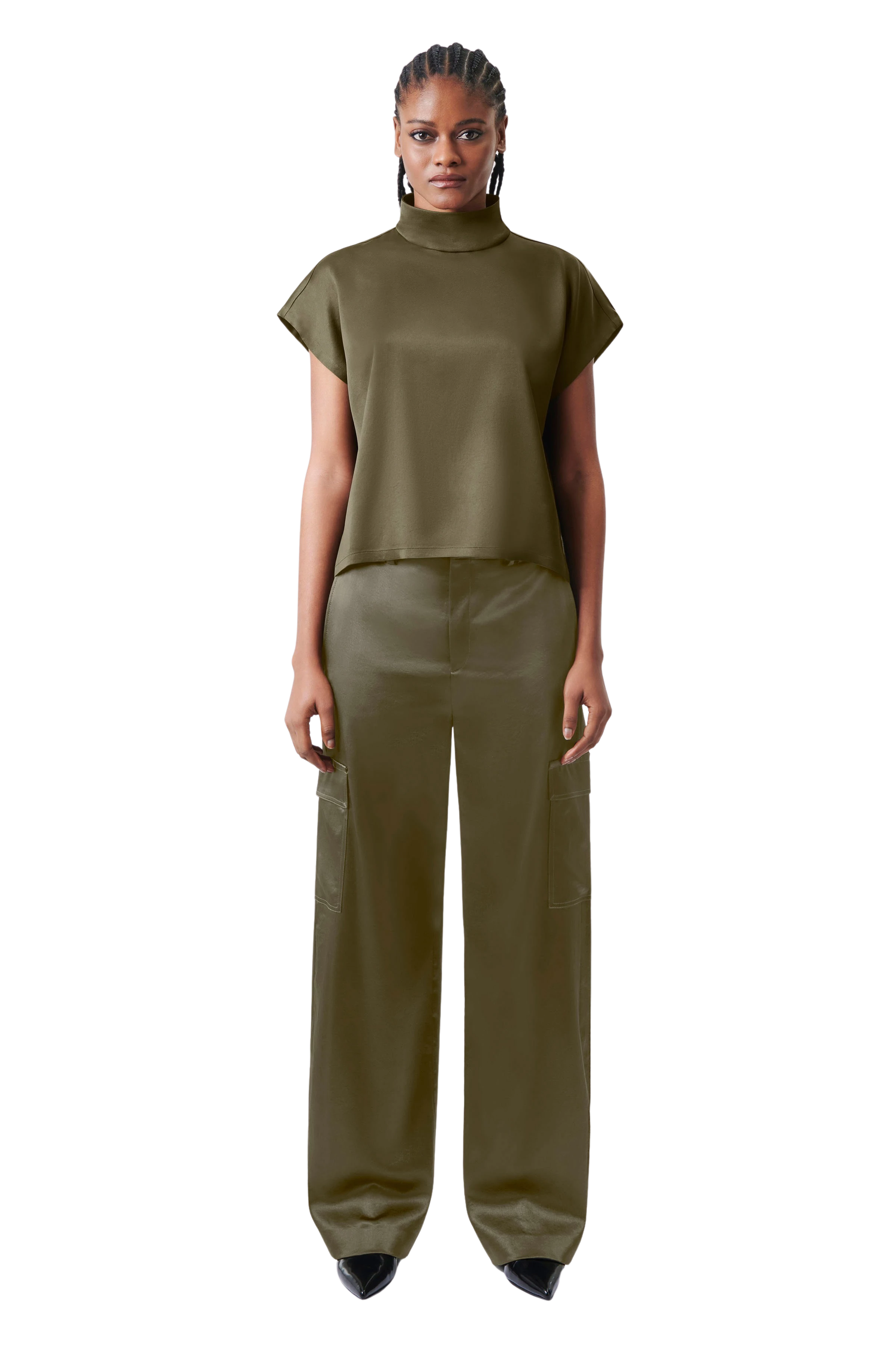 ALARIA_1 - shirt blouse with stand-up collar in satin - women - brown - Ganzkörper-Frontansicht