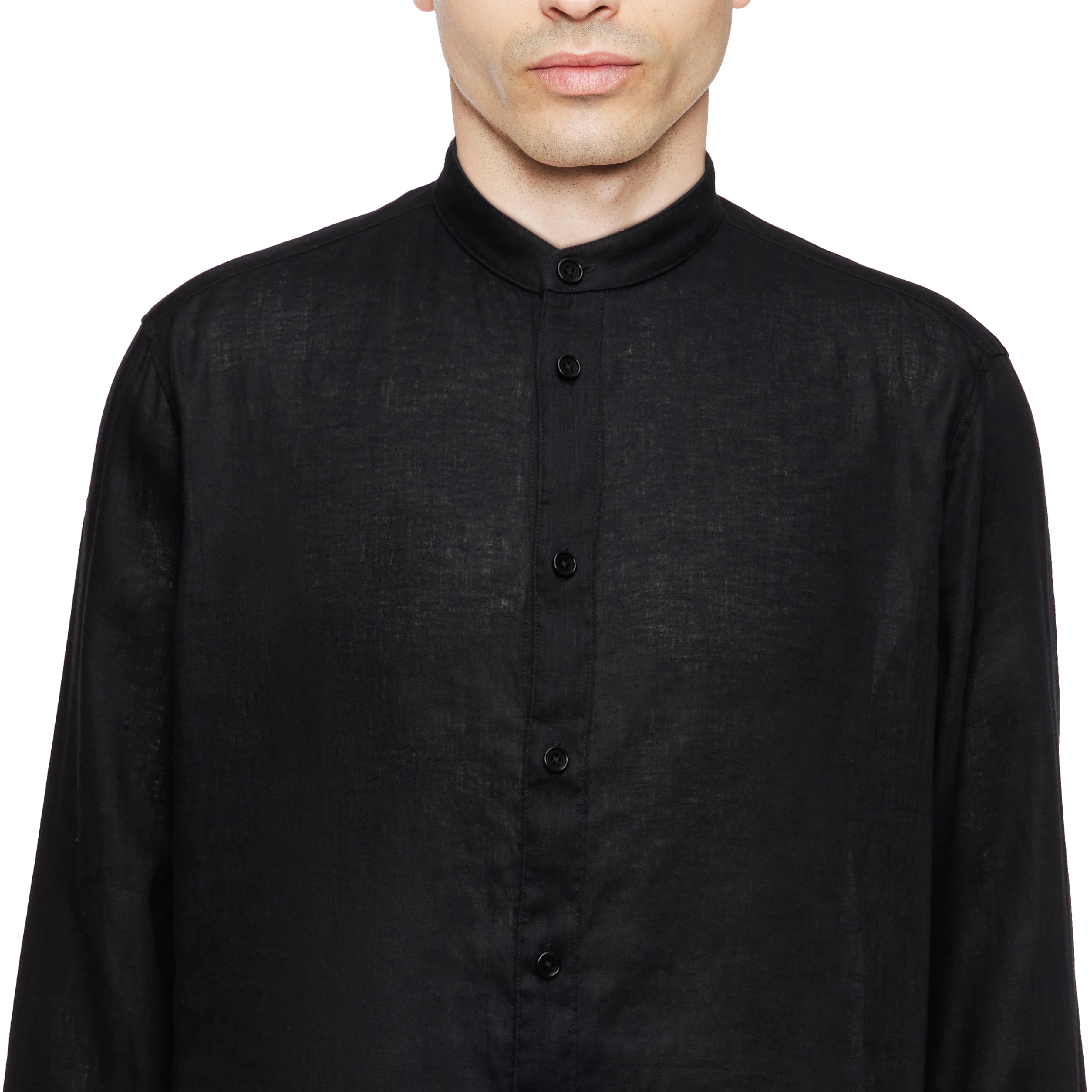 TALOC - Shirt with stand-up collar in linen-cotton mix - men - Natural Aluminium - Detailansicht am Model