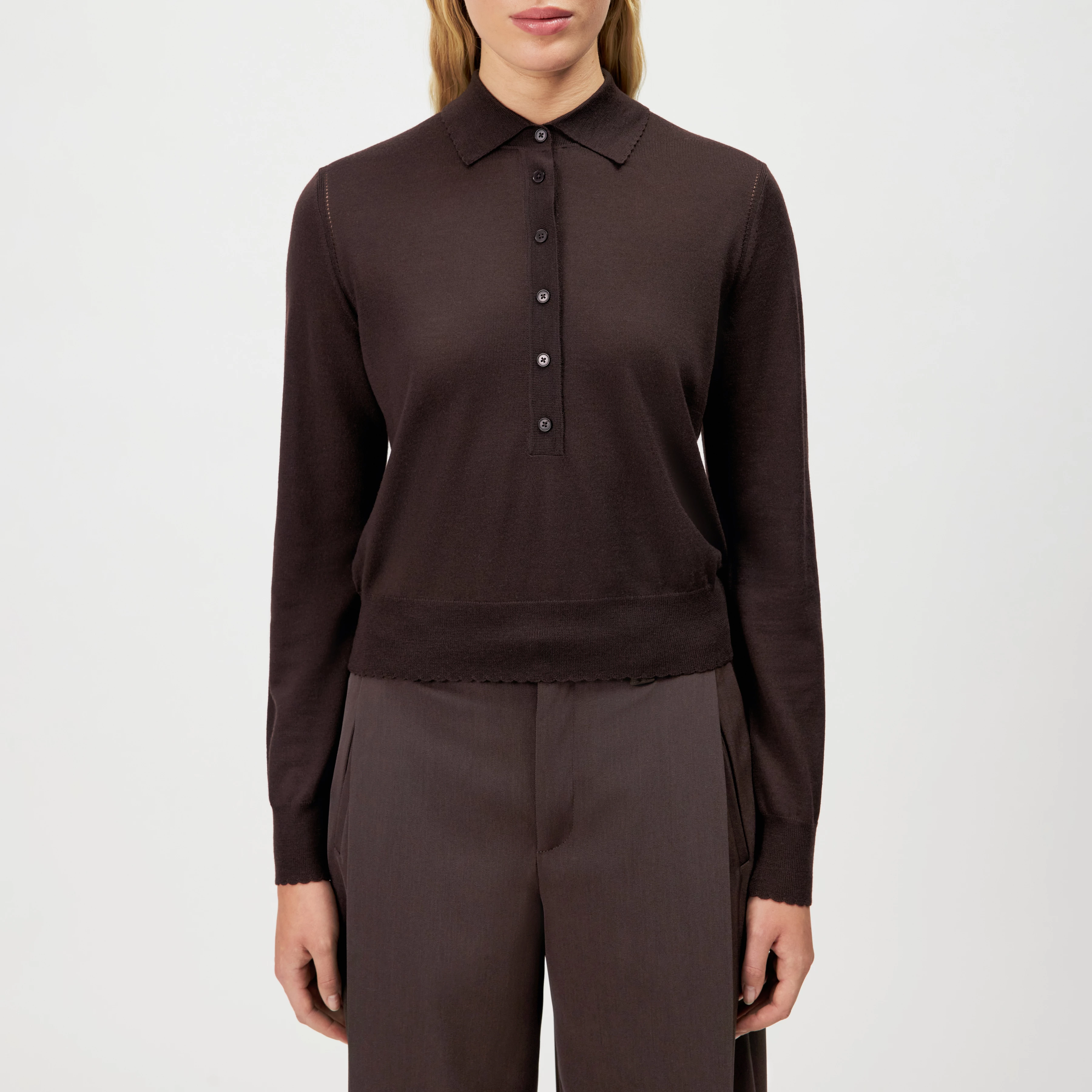 MYNERVA - Pure wool knit polo shirt - women - brown - Frontansicht