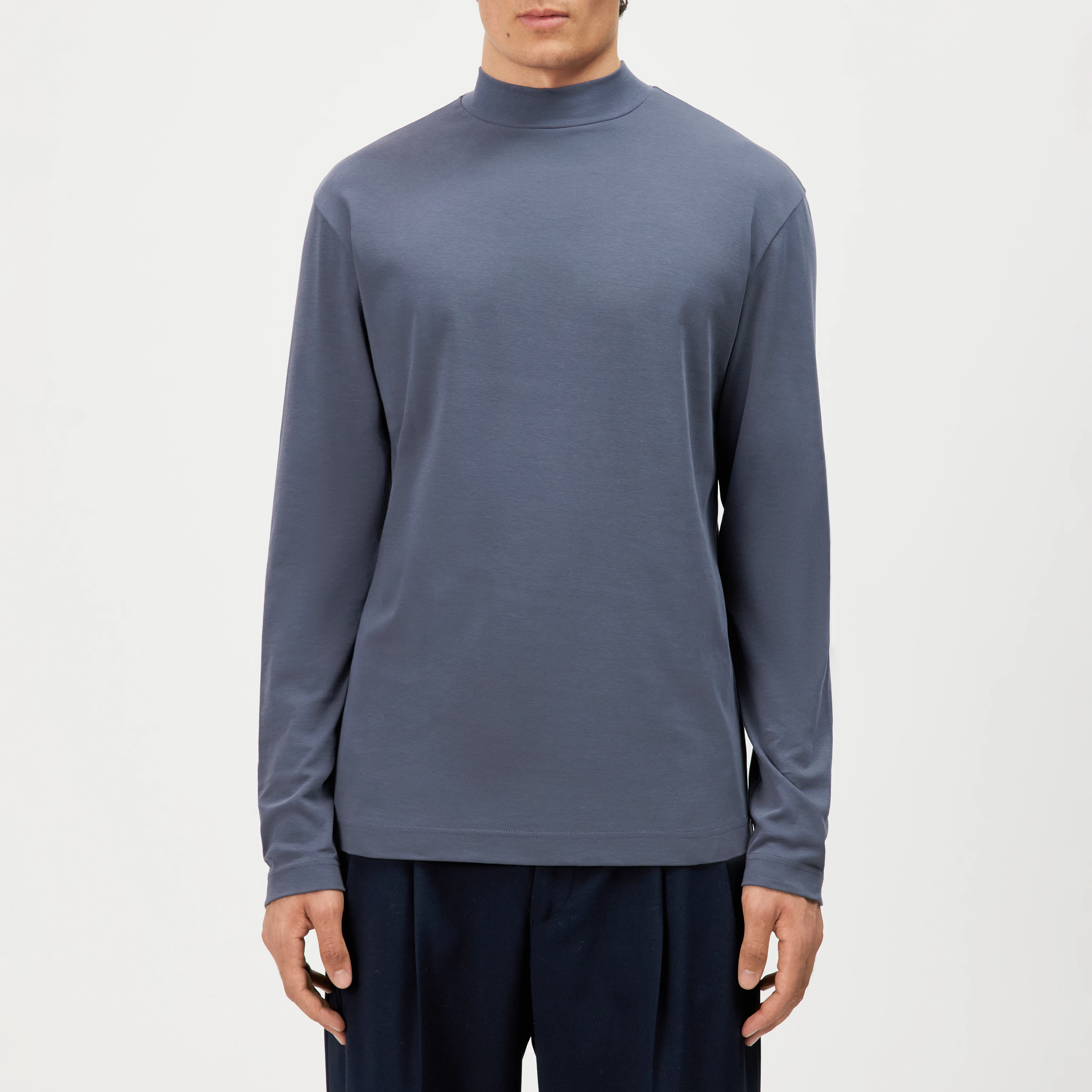 MORITZO - Long-sleeved top with stand-up collar in stretch cotton - men - blue - Frontansicht