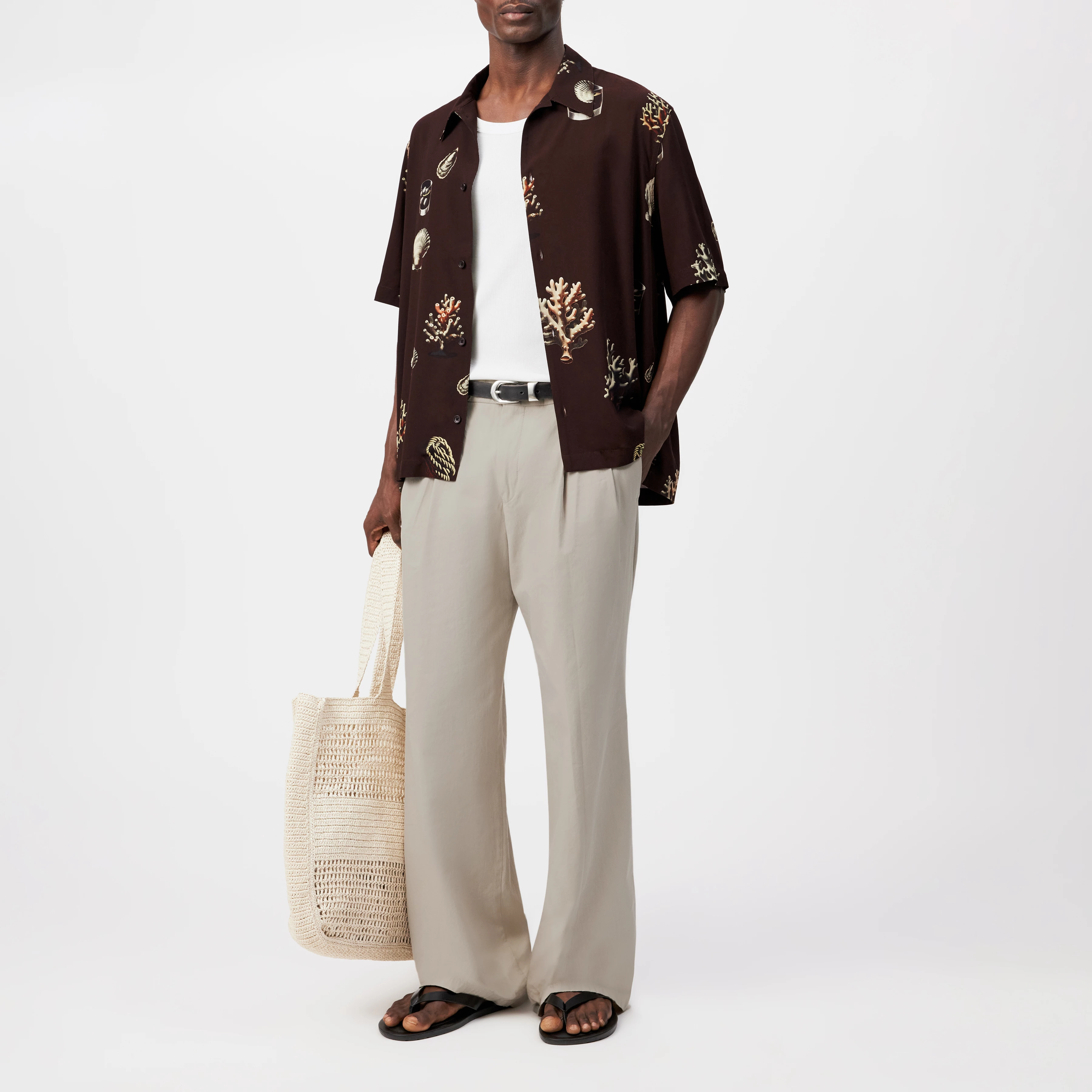 MERYN - Short-sleeve shirt with nautical print in viscose - men - brown - Ganzkörper-Frontansicht