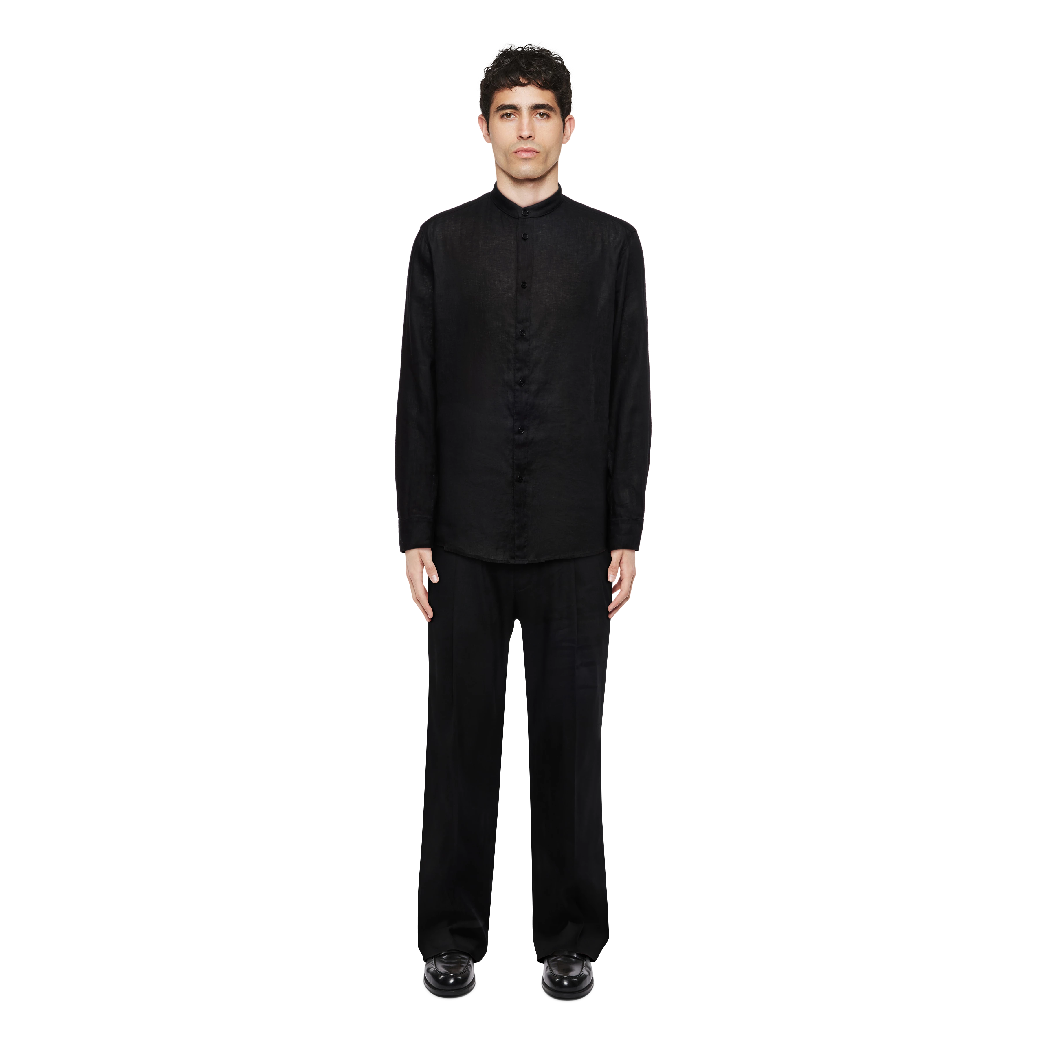 TALOC - Shirt with stand-up collar in linen-cotton mix - men - Natural Aluminium - Ganzkörper-Frontansicht